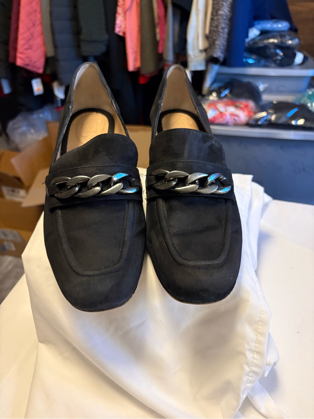 Franco Sarto Black Suede Loafers with Silver Chain